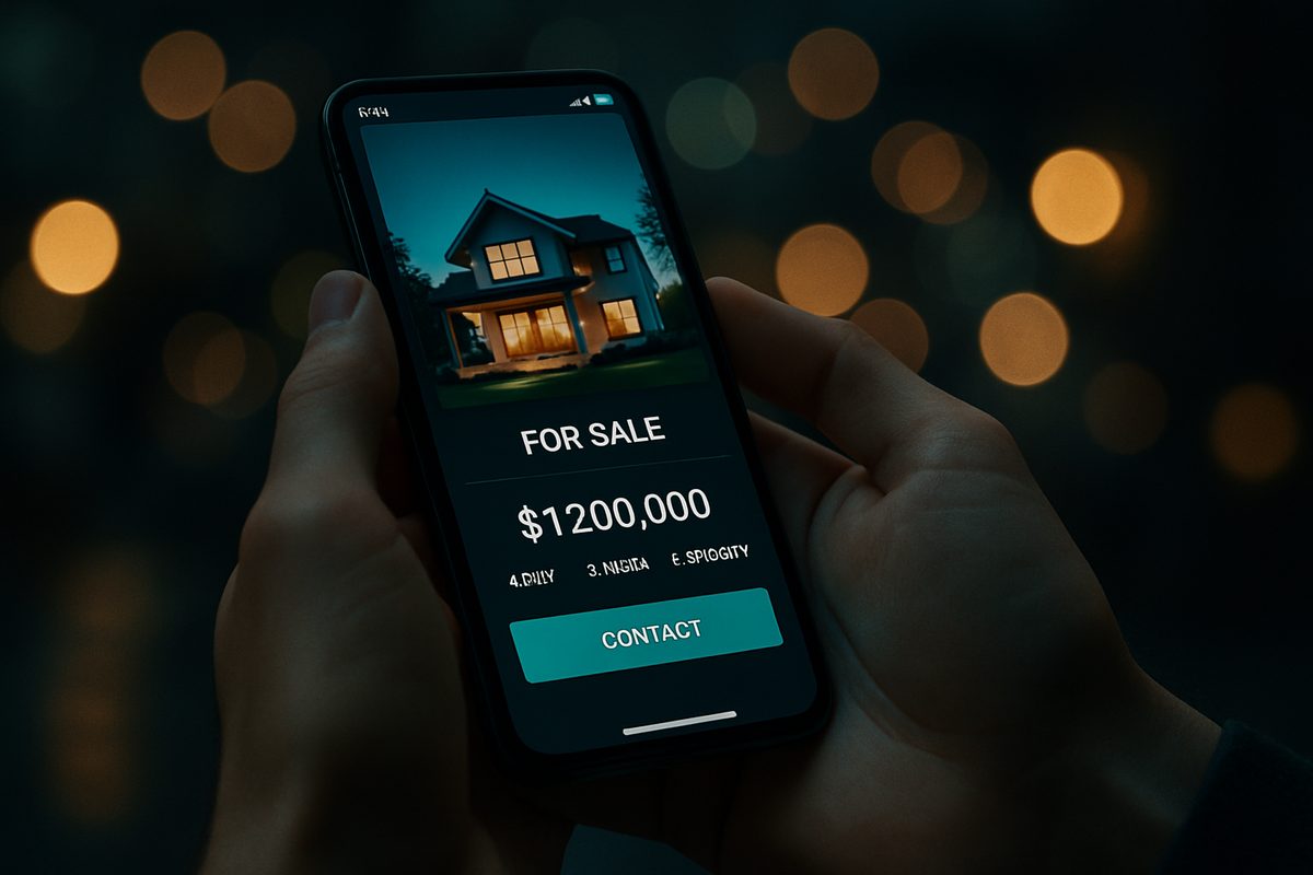 Hands holding a phone showing a real estate listing at night