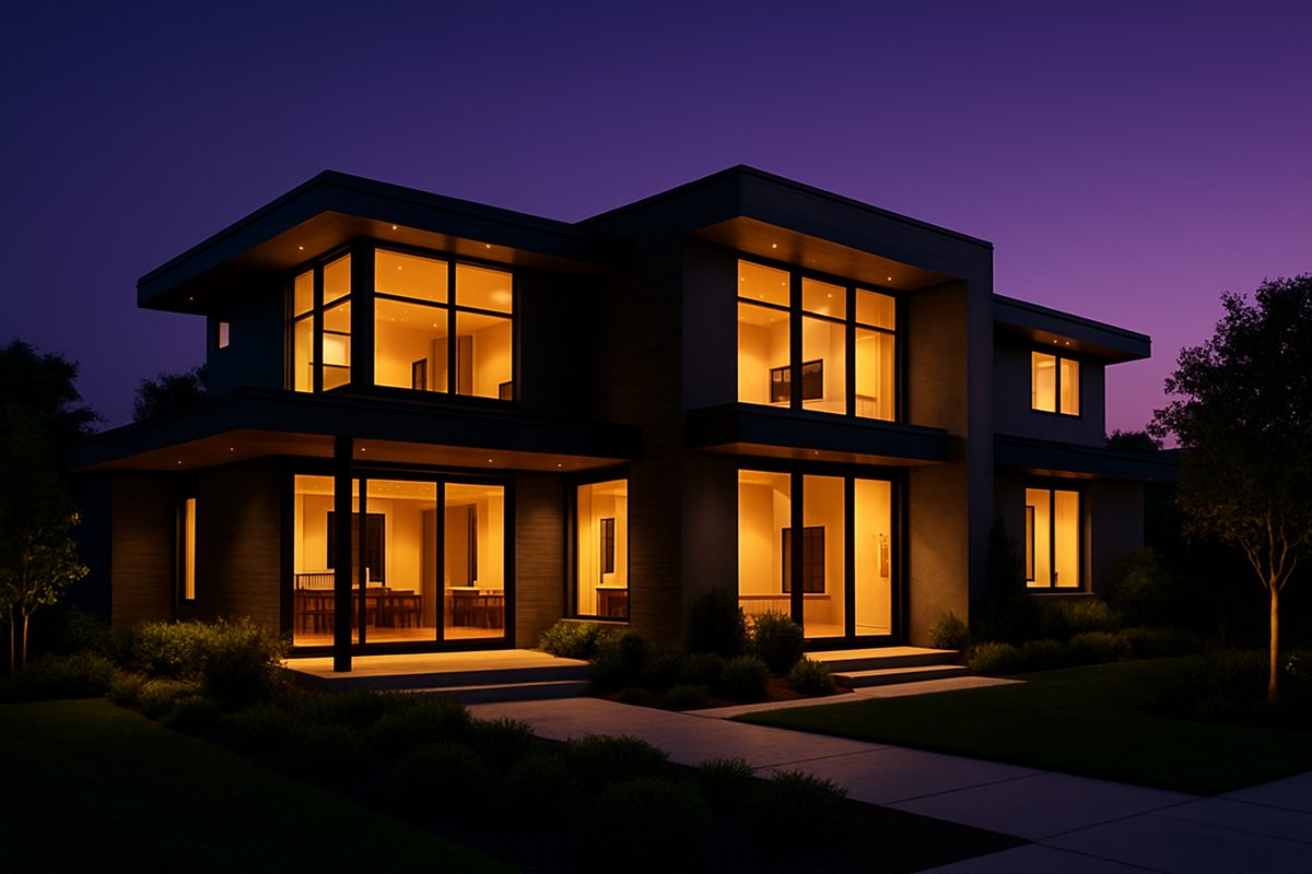 Modern home at dusk with warm glowing windows